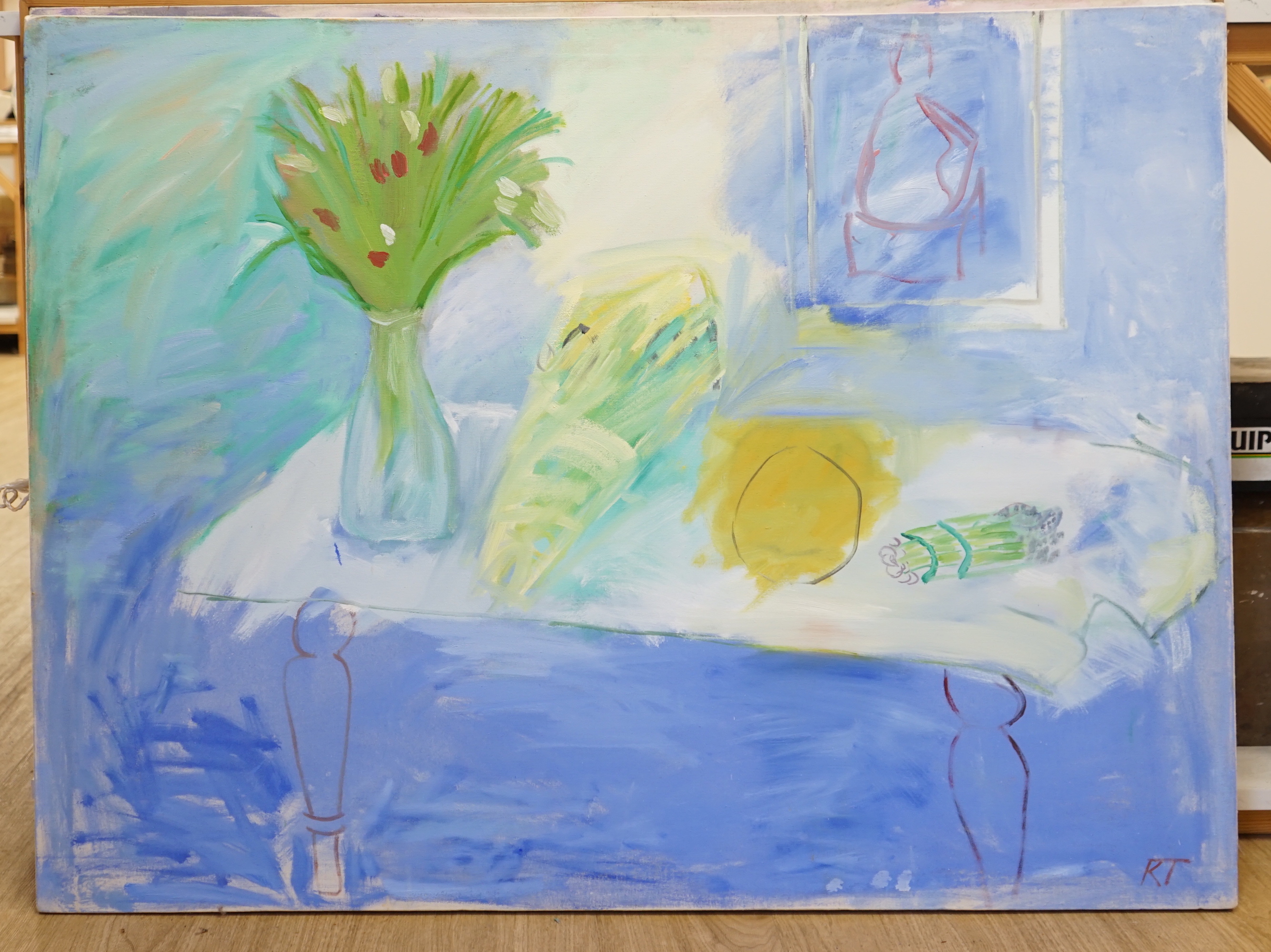 Kay Tarry, oil on canvas, abstract composition, still life of fruit, 122cm x 90cm, unframed